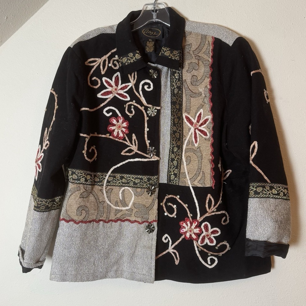 Alex Kim Womens XL Embroidered Tapestry Jacket Floral Black Button Fro
